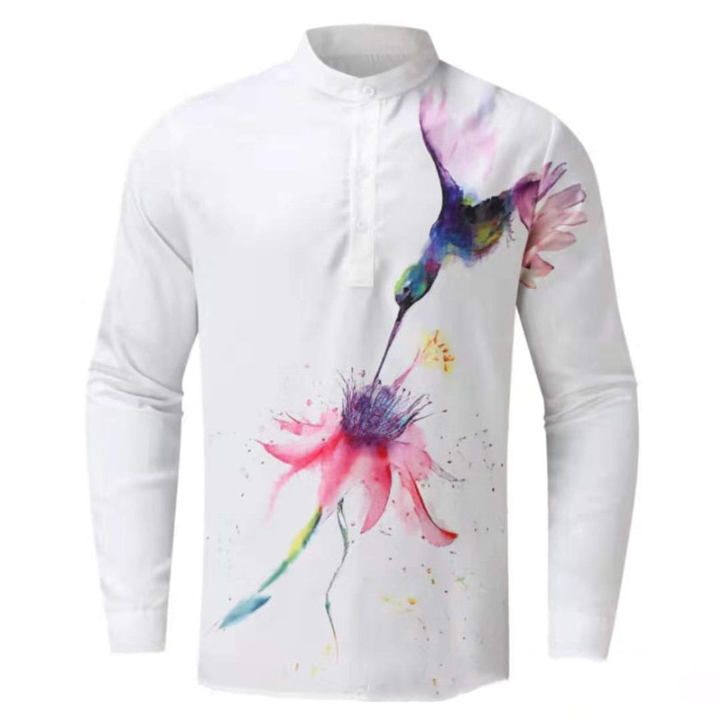 Men Casual Blouse Cotton Linen T-Shirt Long Sleeve Print Spring Autumn