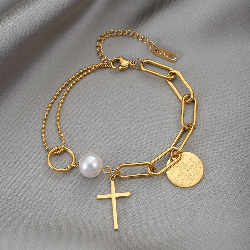 Golden Pendant Bracelet For Women Retro Punk Gothic Portrait Coin Cross Pearl Bracelet Jewelry