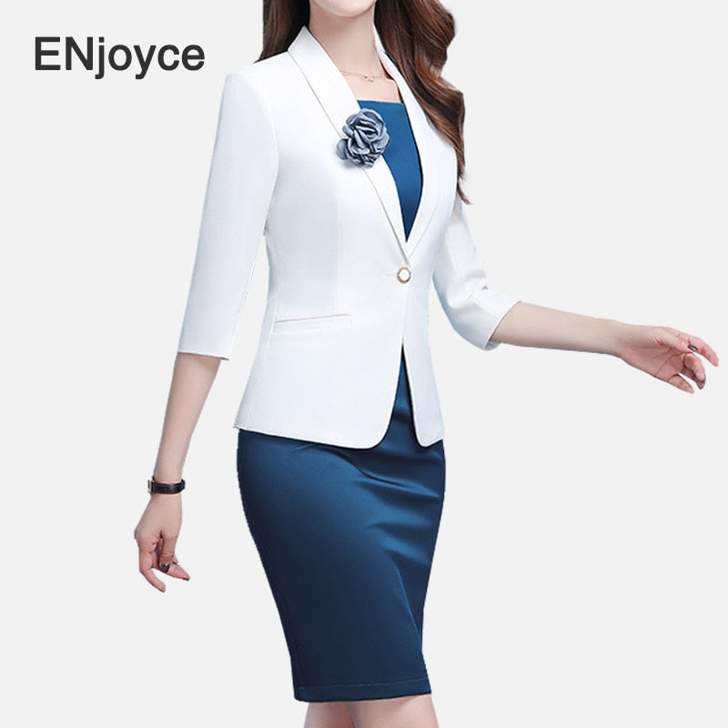 Spring Autumn Women Sets White Slim Blazer and Blue Dress Two Pieces Set Elegant Office Ladies Work