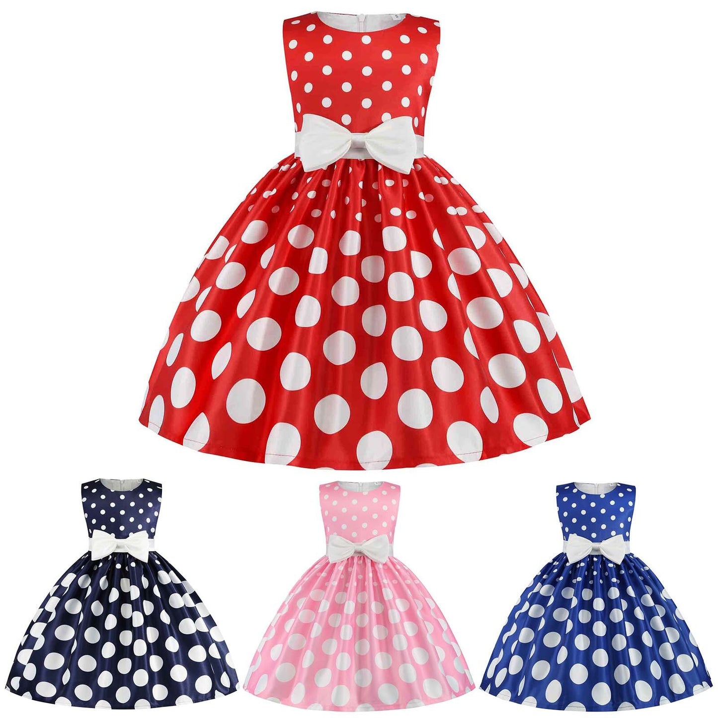 Kids Girls Ball Gown Party Dress Elegant Bowknot Dot Printed Pageant Gown Birthday