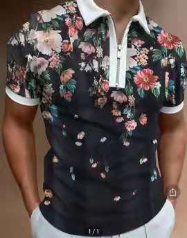 Summer Fashion Tops For Men Polo Shirt Floral Print Patchwork Short Sleeve Loose Casual