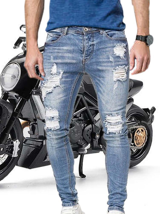 2025 Men’s Black Moto Ripped Skinny Jeans – Hip Hop Elastic Denim Pants