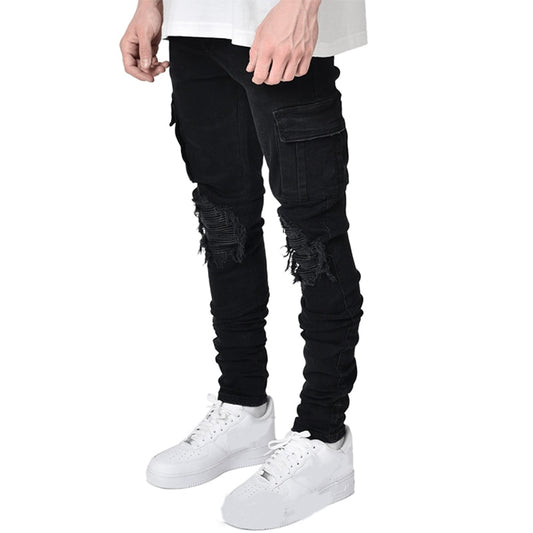 Men knee plicated Black Jeans Hip Hop Rock Design Shredded Denim Skinny