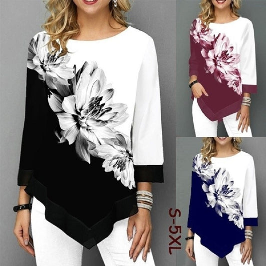 Casual Women Summer T-shirt Fashion Printed Patchwork Stretch