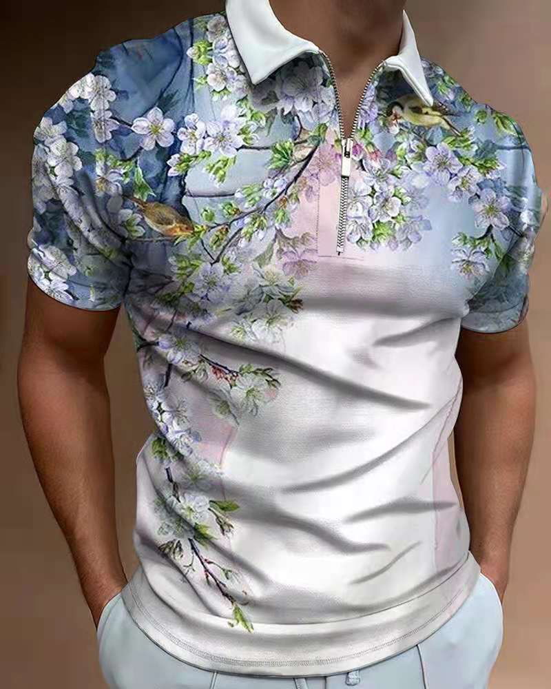 Summer Fashion Tops For Men Polo Shirt Floral Print Patchwork Short Sleeve Loose Casual