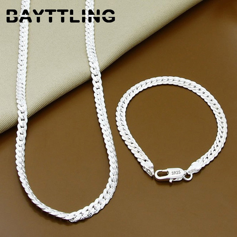 BAYTTLING 925 Sterling Silver Necklace & Bracelet Set – 5MM Full Sideways Chain