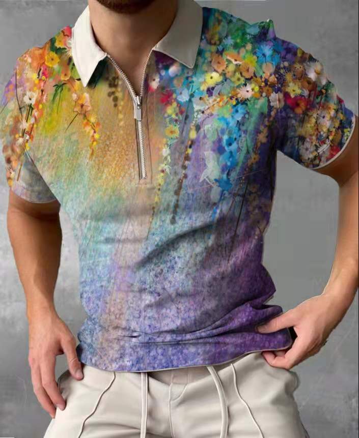 Summer Fashion Tops For Men Polo Shirt Floral Print Patchwork Short Sleeve Loose Casual