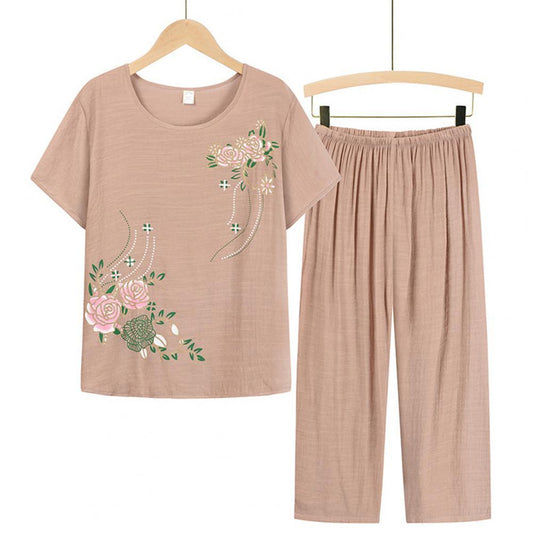 Summer Women Homewear Set Short Sleeve Floral Print T-shirt Pants