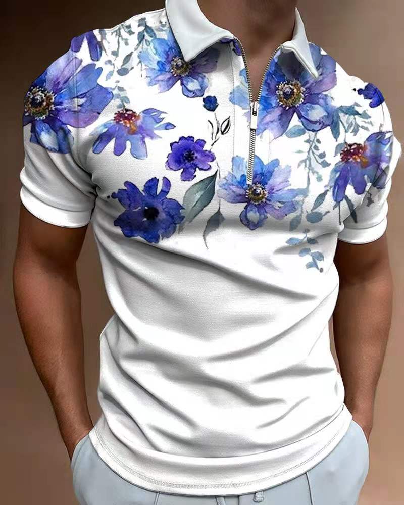 Summer Fashion Tops For Men Polo Shirt Floral Print Patchwork Short Sleeve Loose Casual