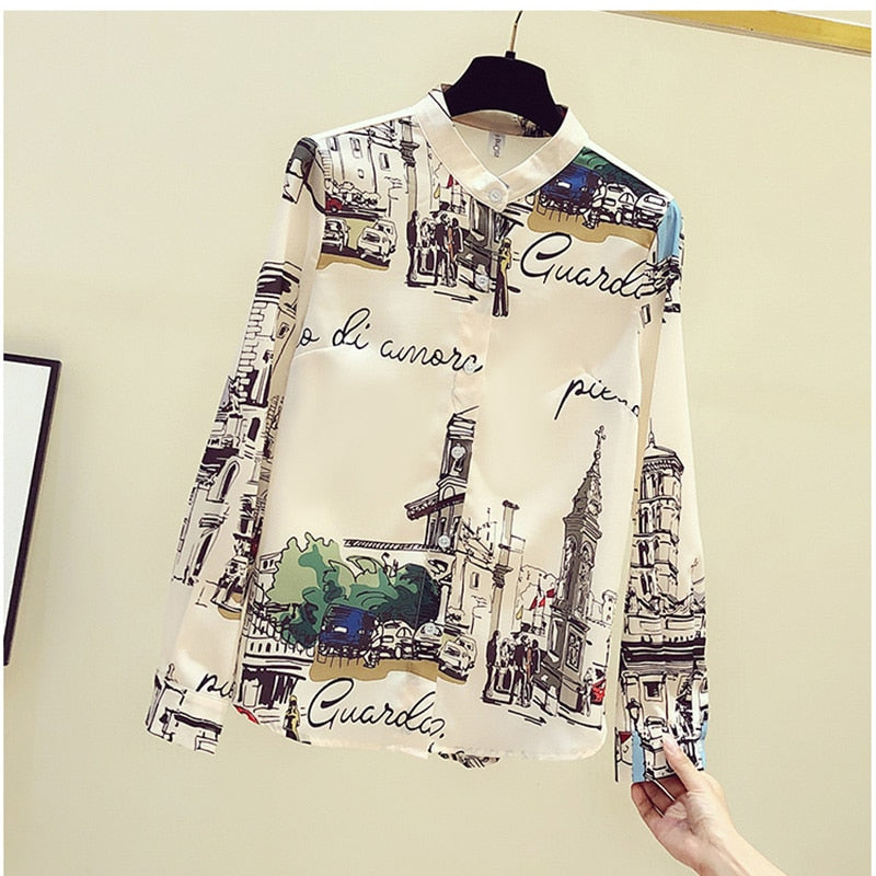 Vintage Print Shirt Women Long Sleeve Chiffon Blouse 2022 Spring