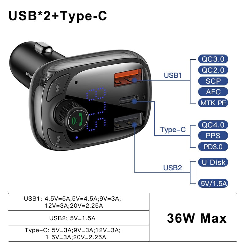 Baseus Car Charger FM Transmitter Bluetooth 5.0 MP3 Player Handsfree