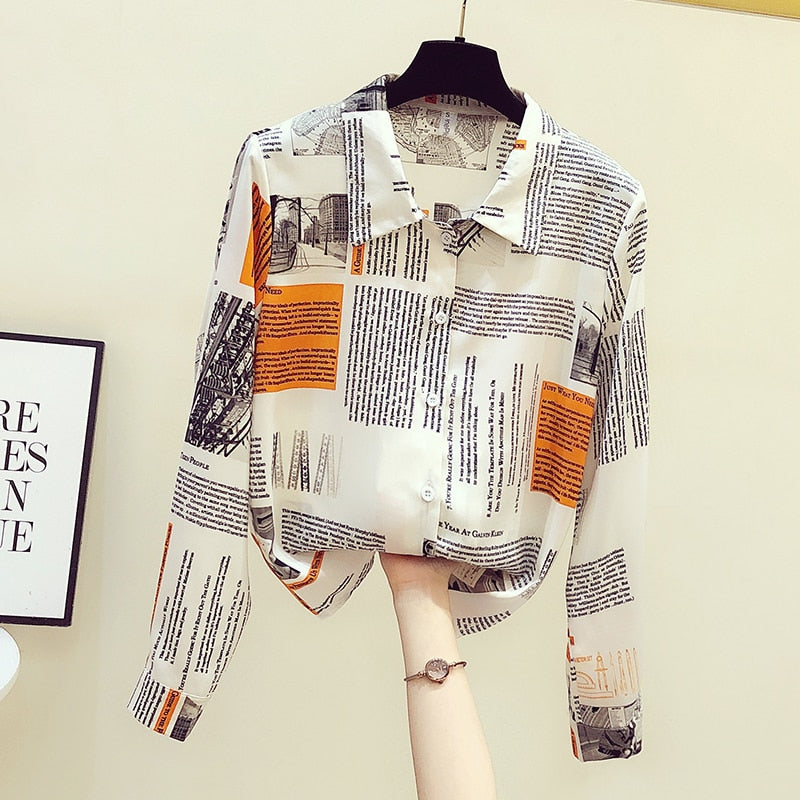 Vintage Print Shirt Women Long Sleeve Chiffon Blouse 2022 Spring