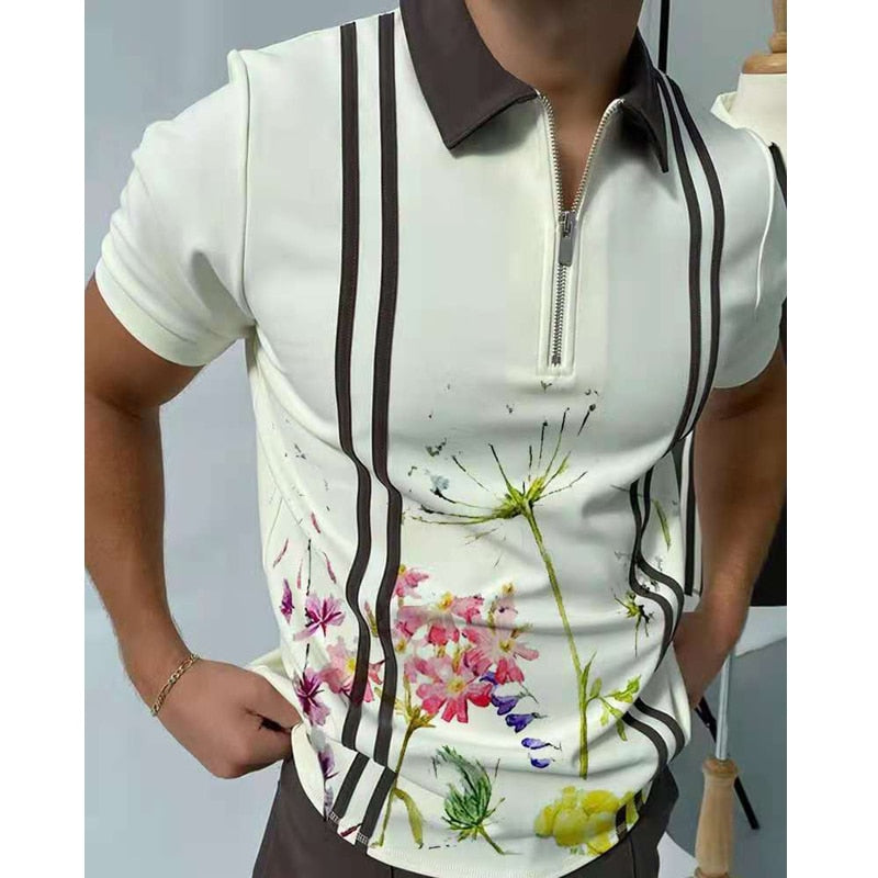 Summer Fashion Tops For Men Polo Shirt Floral Print Patchwork Short Sleeve Loose Casual