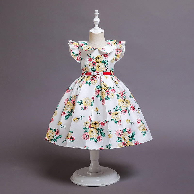 Rose Floral Children&#39;s Elegant Dress Fake Two Princess Kids Clothes