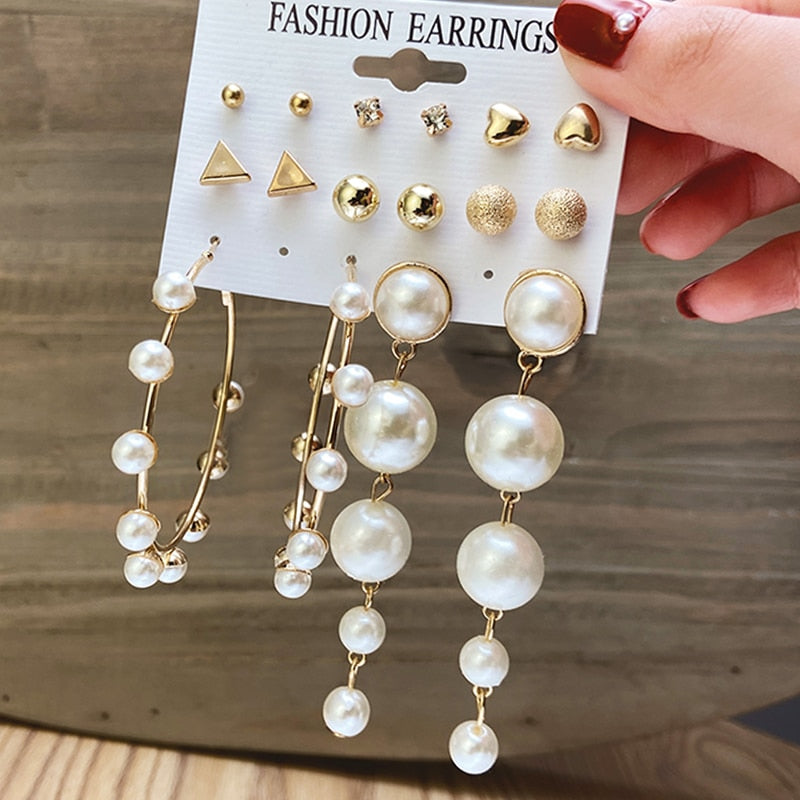 Fashion Pearl Hoop Earrings Set For Women Geometirc Gold Metal