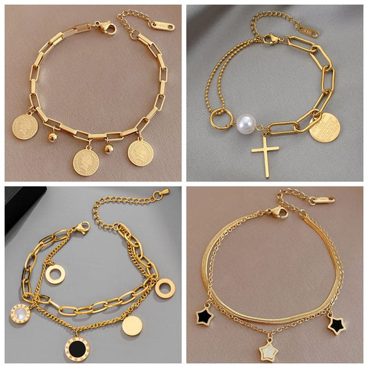 Golden Pendant Bracelet For Women Retro Punk Gothic Portrait Coin Cross Pearl Bracelet Jewelry