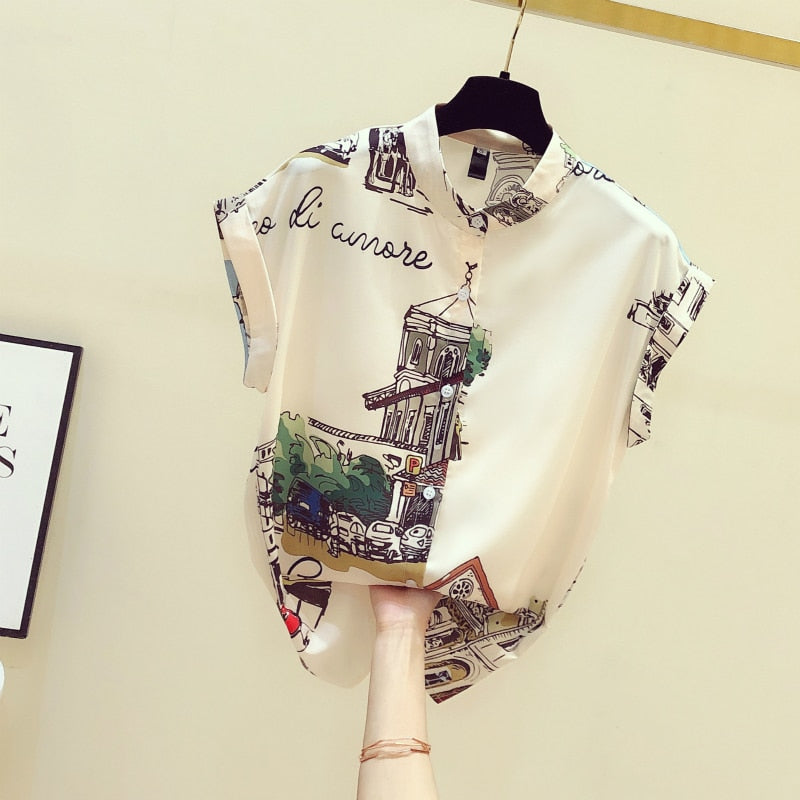 Vintage Print Shirt Women Long Sleeve Chiffon Blouse 2022 Spring