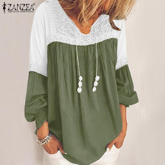 Fashion Women&#39;s Spring Blouse ZANZEA Lace Stitching Shirts