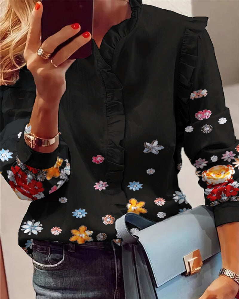 Women Elegant Fashion Butterfly Print Blouses Top Ruffled Trim