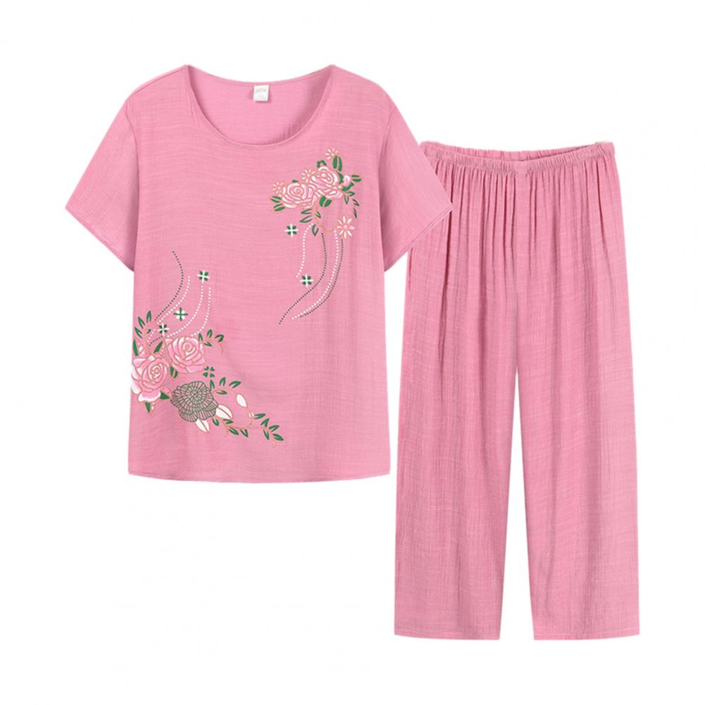 Summer Women Homewear Set Short Sleeve Floral Print T-shirt Pants