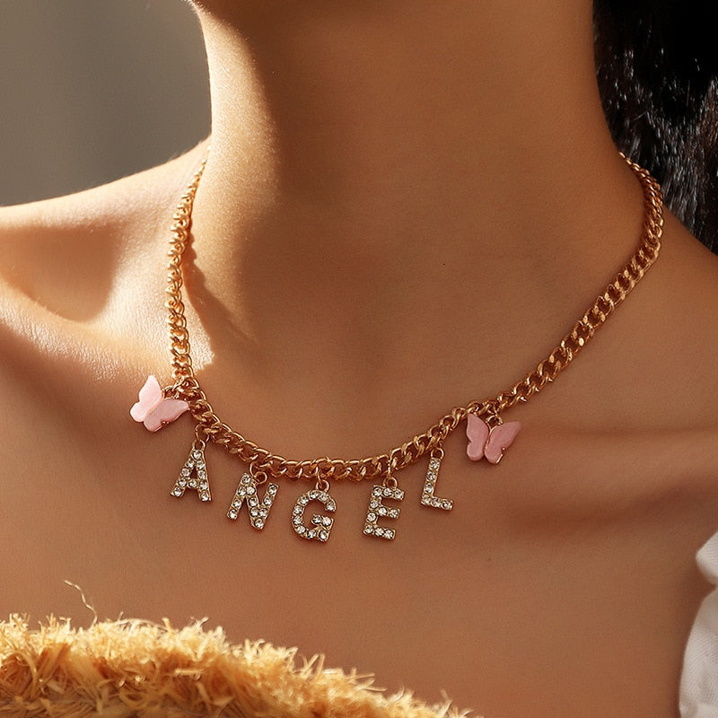 Rhinestone Letter Necklace Girl Necklace for Women BABY HONEY ANGEL Short Trend New Jewelry Gift