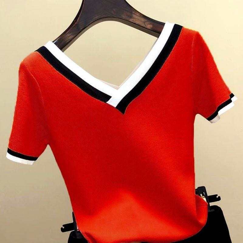 V-Neck Short Sleeve Shirt Women Contrast Color Striped Knitted