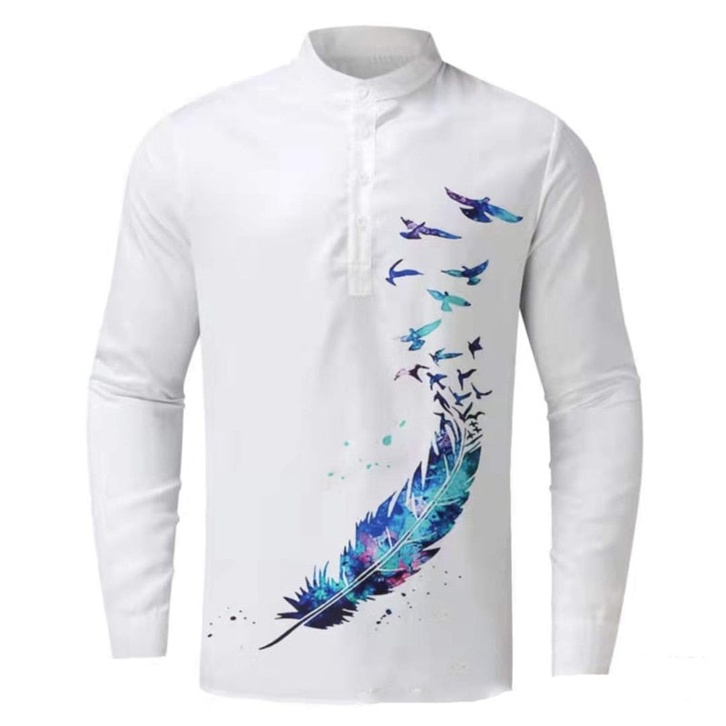 Men Casual Blouse Cotton Linen T-Shirt Long Sleeve Print Spring Autumn