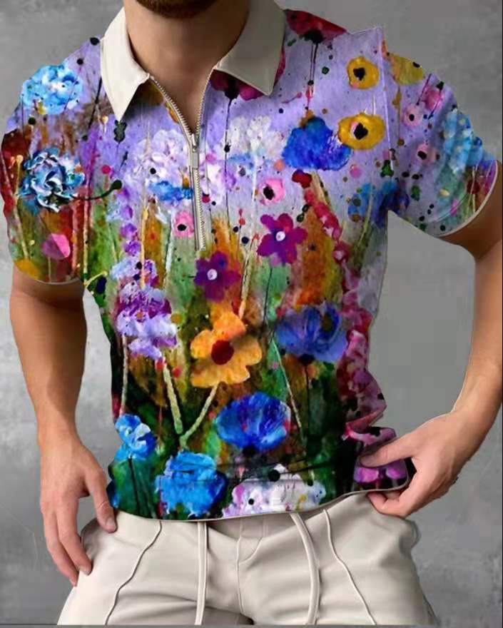 Summer Fashion Tops For Men Polo Shirt Floral Print Patchwork Short Sleeve Loose Casual