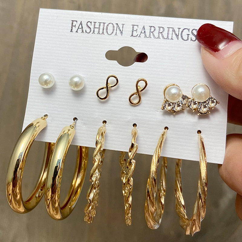 Fashion Pearl Hoop Earrings Set For Women Geometirc Gold Metal