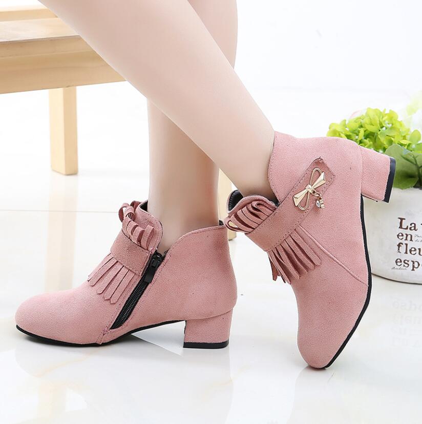 Girls Fashion Boots Leather Sport Shoes For Children High Heel Warm Boots Short