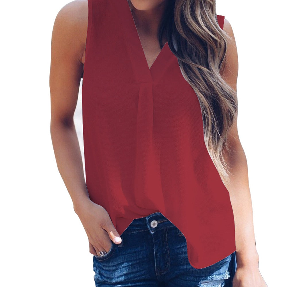 Fashion Women V Neck Chiffon Blouses Summer Top Sleeveless Shirt Casual T