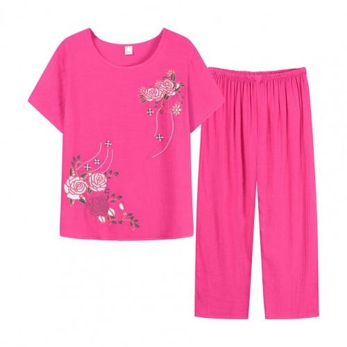 Summer Women Homewear Set Short Sleeve Floral Print T-shirt Pants