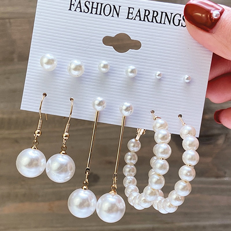 Fashion Pearl Hoop Earrings Set For Women Geometirc Gold Metal