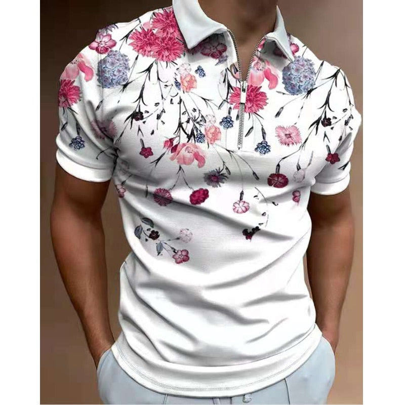 Summer Fashion Tops For Men Polo Shirt Floral Print Patchwork Short Sleeve Loose Casual