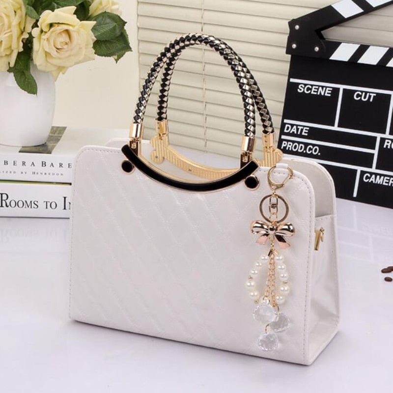 Women PU Handbag with Hanging Ornament Elegant Black Hard Design