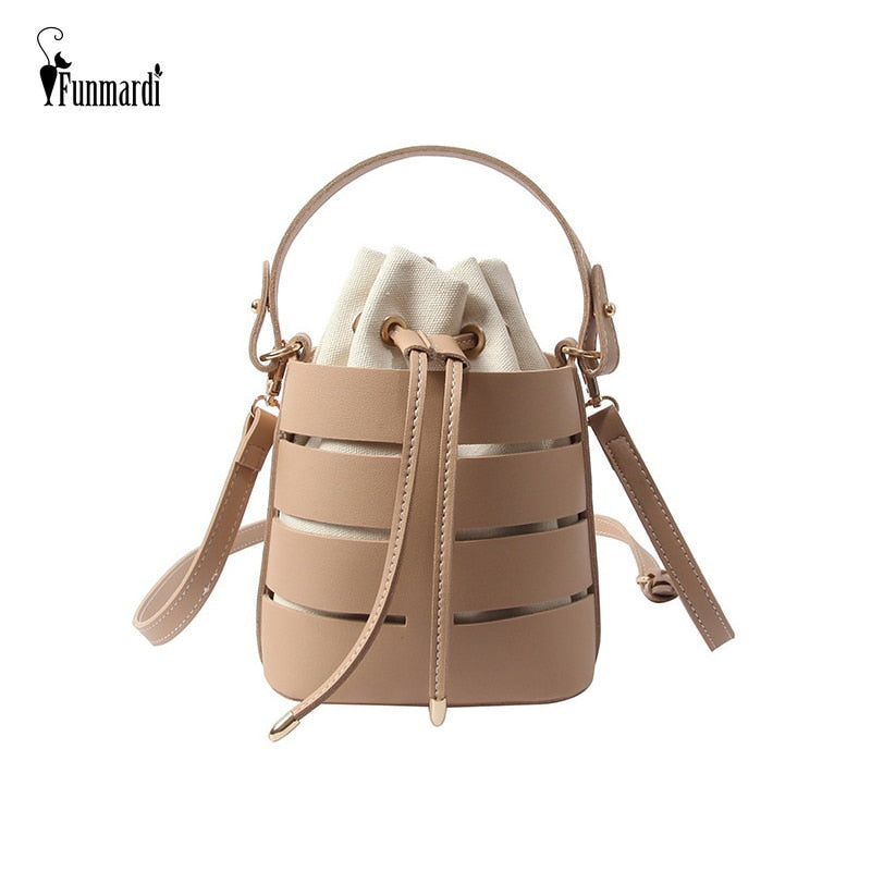 FUNMARDI Small Bucket Crossbody Bags Women Hollow Out PU Leather Handbags