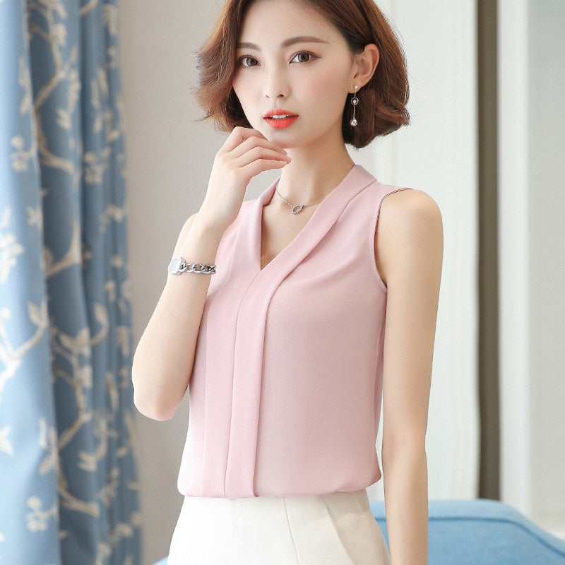 Large size Women Chiffon Blouses Ladies Tops Female Sleeveless Office Lady