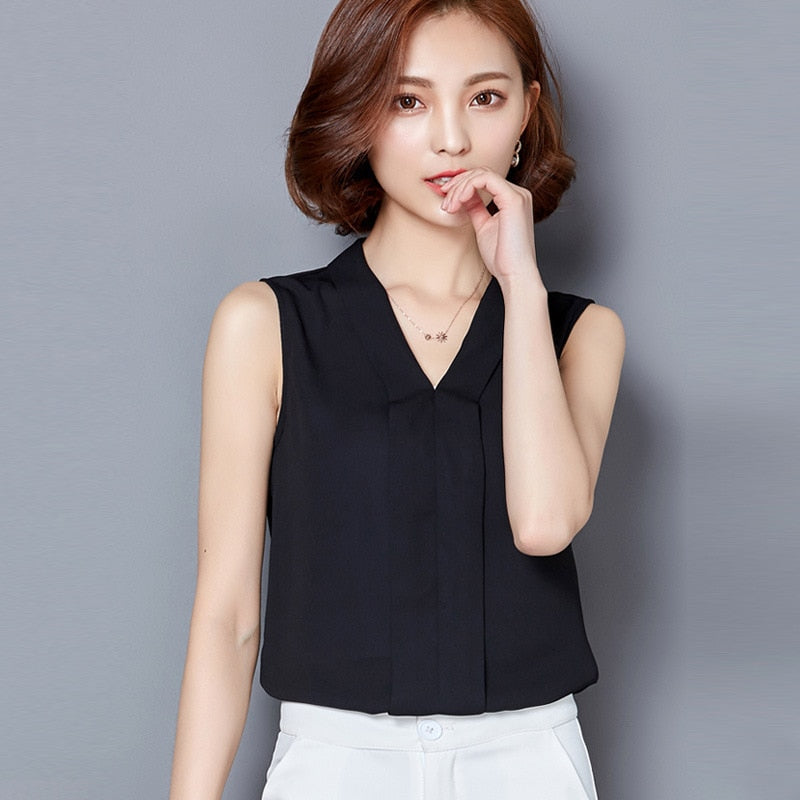 Large size Women Chiffon Blouses Ladies Tops Female Sleeveless Office Lady