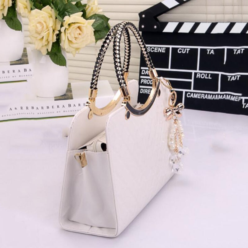 Women PU Handbag with Hanging Ornament Elegant Black Hard Design