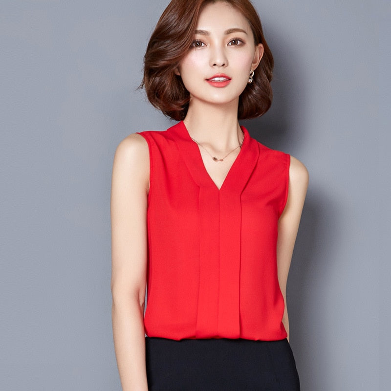 Large size Women Chiffon Blouses Ladies Tops Female Sleeveless Office Lady