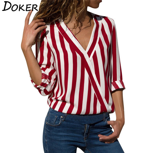 Women Striped Blouse V-neck Long Sleeve Blouses Shirts Casual