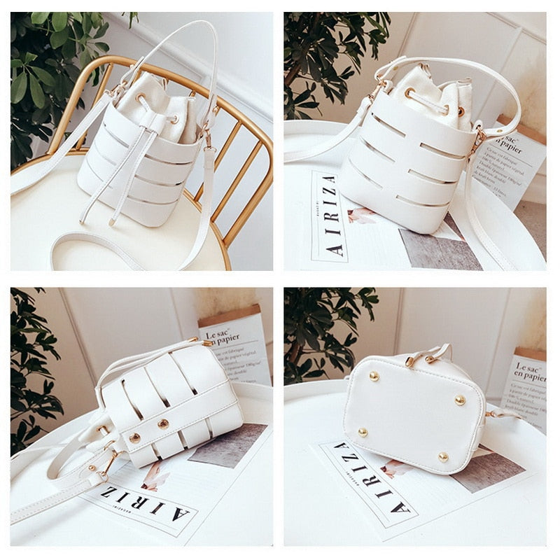 FUNMARDI Small Bucket Crossbody Bags Women Hollow Out PU Leather Handbags