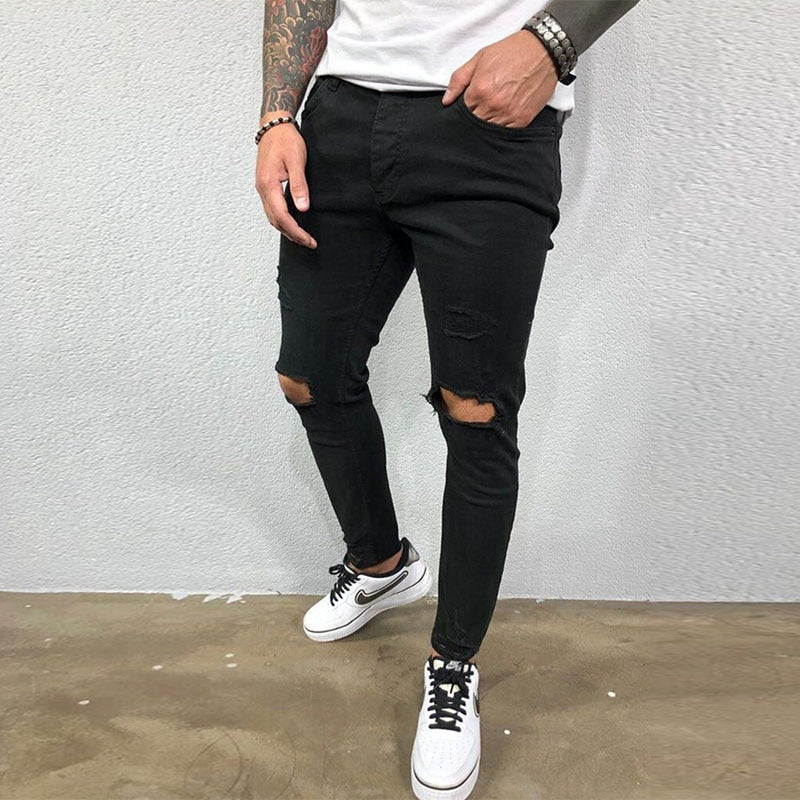 Men Jeans Knee Hole Ripped Stretch Skinny Denim Pants Solid Color Black Blue Autumn