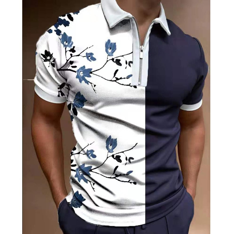 Summer Fashion Tops For Men Polo Shirt Floral Print Patchwork Short Sleeve Loose Casual