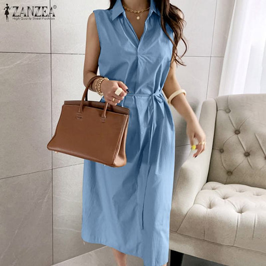 Fashion Solid Shirt Dress Women&#39;s Summer Sundress ZANZEA 2022 Split Lapel