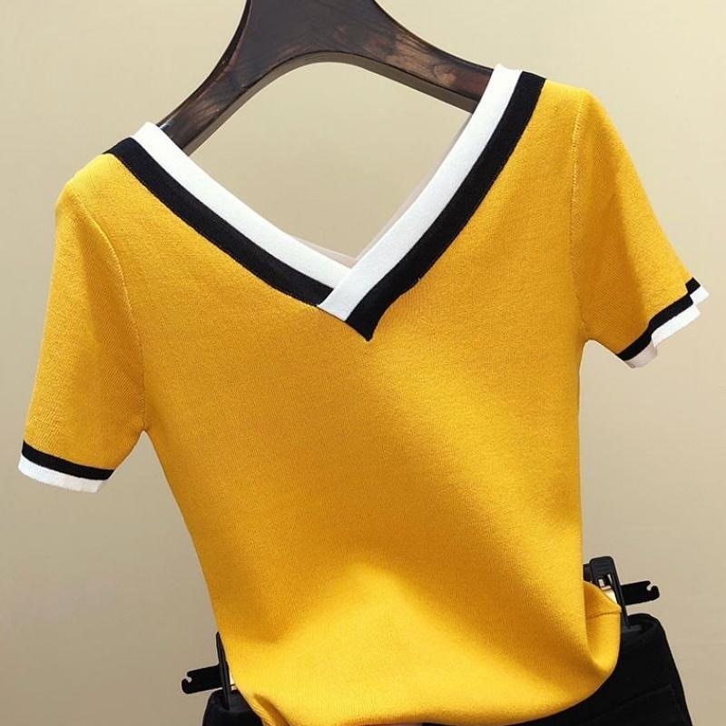 V-Neck Short Sleeve Shirt Women Contrast Color Striped Knitted