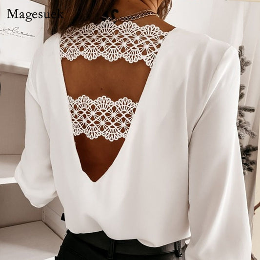 Chic Back V-shaped Hollow Lace Stitching Pullover White Blouse Fashion Sexy