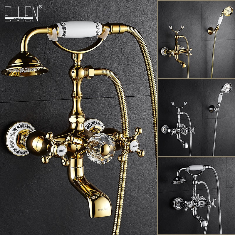 Luxury Crystal Handle Bathtub Gold Brass Faucet with Hand Shower Telephone Type Bath.