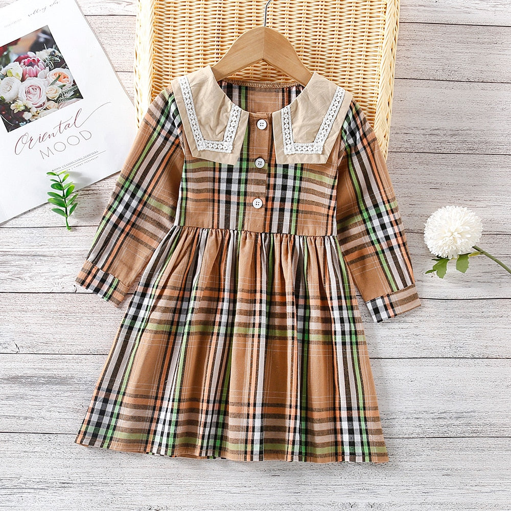 Girls Plaid Patched Pockets Irregular Dress Spring Autumn Toddler Kid Long Sleeve Casual A-line Princess Dress Children Clothing