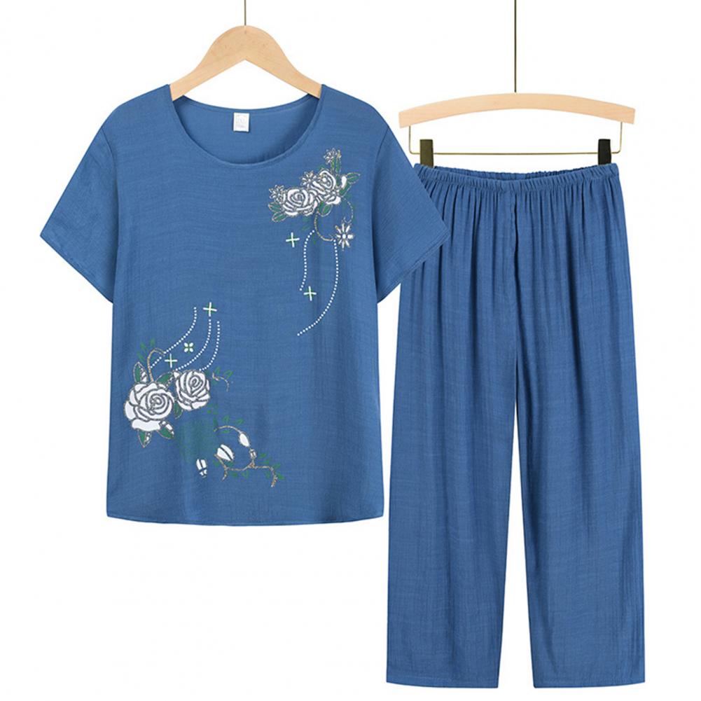 Summer Women Homewear Set Short Sleeve Floral Print T-shirt Pants